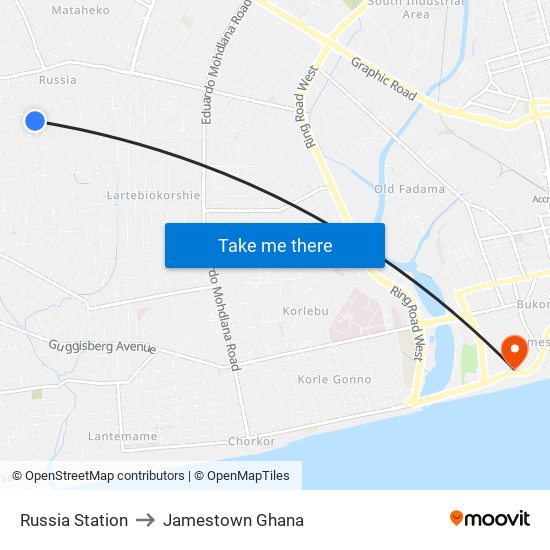 Russia Station to Jamestown Ghana map