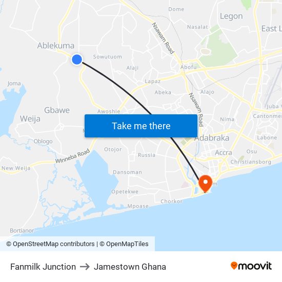Fanmilk Junction to Jamestown Ghana map