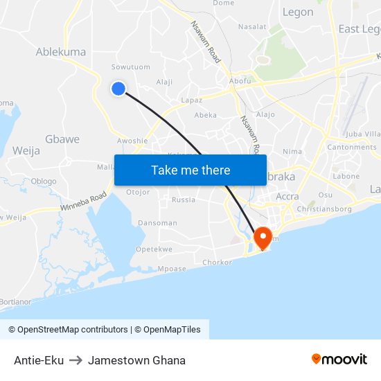 Antie-Eku to Jamestown Ghana map