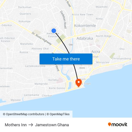 Mothers Inn to Jamestown Ghana map