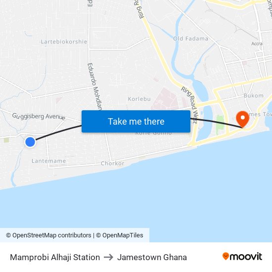 Mamprobi Alhaji Station to Jamestown Ghana map