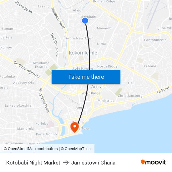 Kotobabi Night Market to Jamestown Ghana map