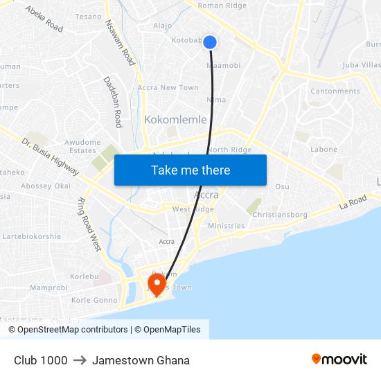 Club 1000 to Jamestown Ghana map