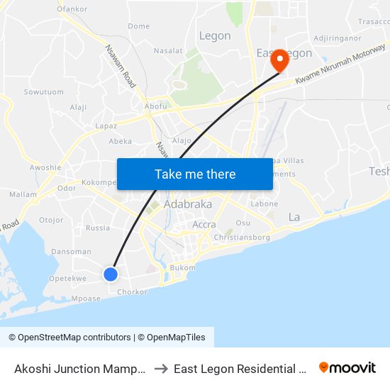Akoshi Junction Mamprobi to East Legon Residential Area map