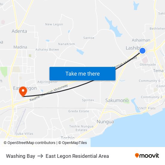 Washing Bay to East Legon Residential Area map