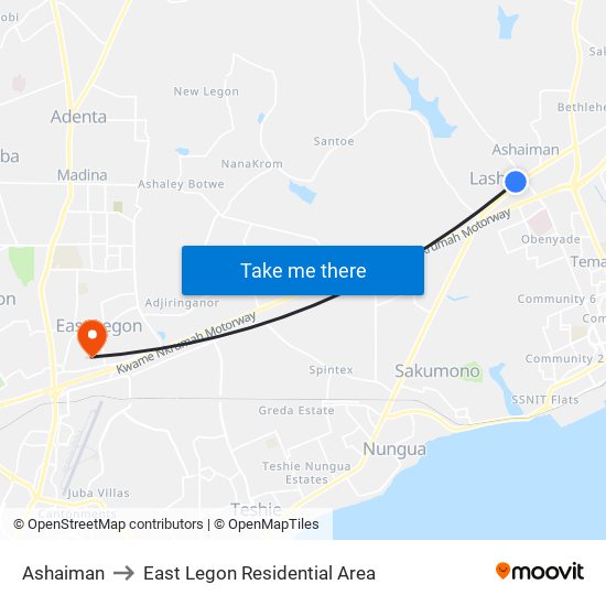 Ashaiman to East Legon Residential Area map