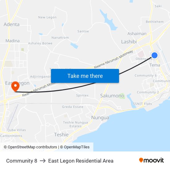 Community 8 to East Legon Residential Area map