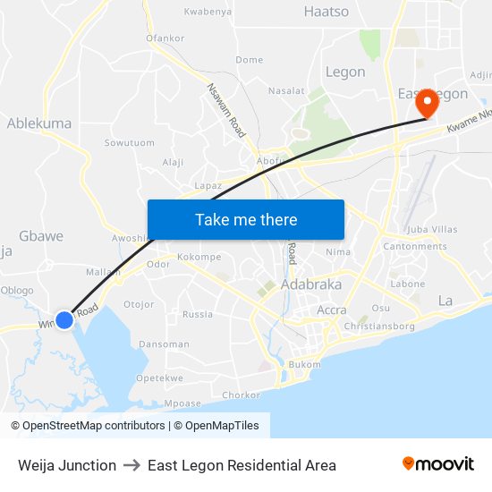 Weija Junction to East Legon Residential Area map