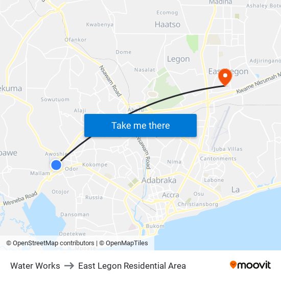 Water Works to East Legon Residential Area map