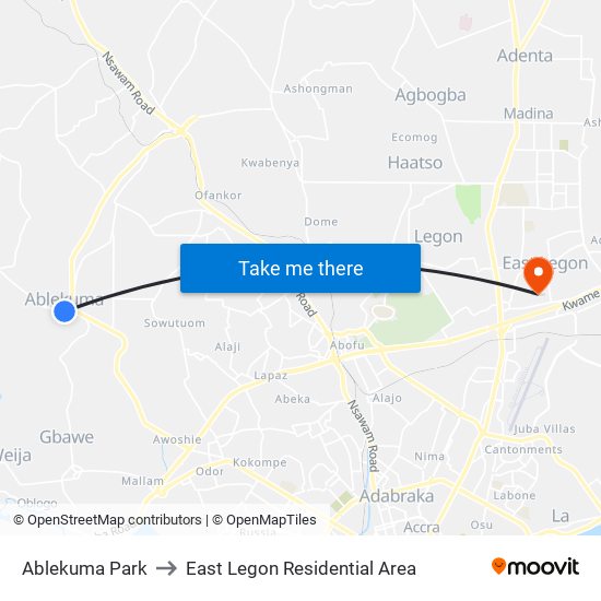 Ablekuma Park to East Legon Residential Area map