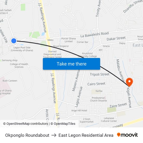 Okponglo Roundabout to East Legon Residential Area map
