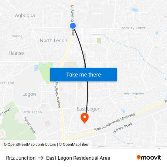 Ritz Junction to East Legon Residential Area map