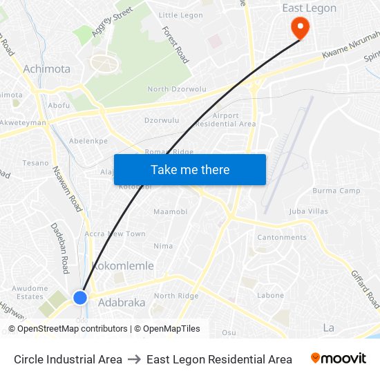 Circle Industrial Area to East Legon Residential Area map