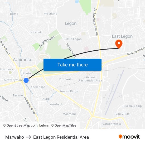 Marwako to East Legon Residential Area map