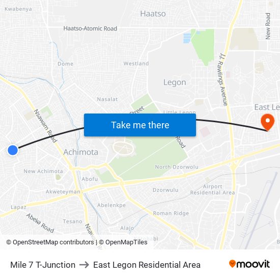 Mile 7 T-Junction to East Legon Residential Area map