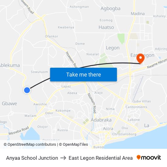 Anyaa School Junction to East Legon Residential Area map