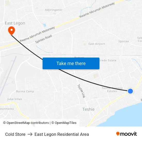 Cold Store to East Legon Residential Area map