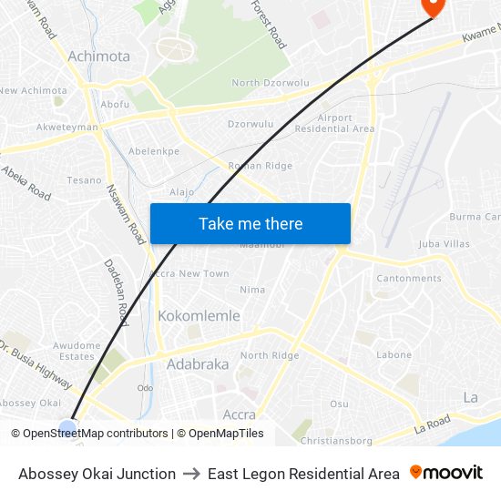Abossey Okai Junction to East Legon Residential Area map