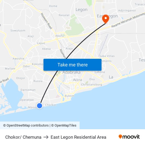Chokor/ Chemuna to East Legon Residential Area map
