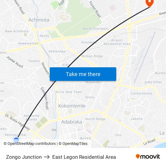 Zongo Junction to East Legon Residential Area map