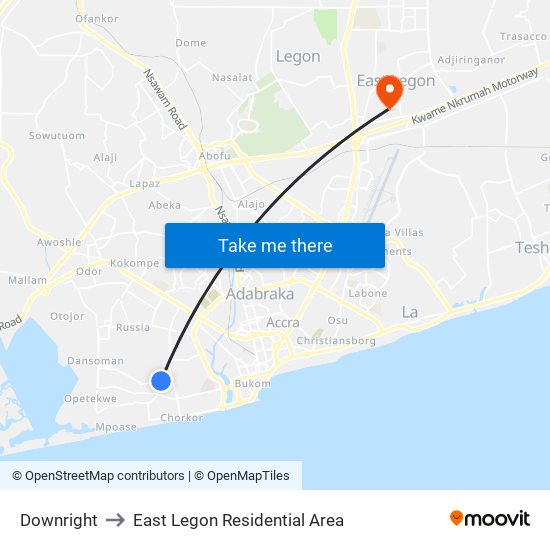 Downright to East Legon Residential Area map
