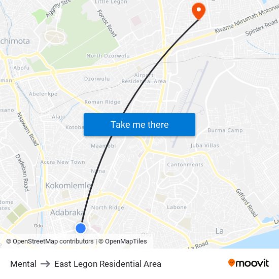Mental to East Legon Residential Area map