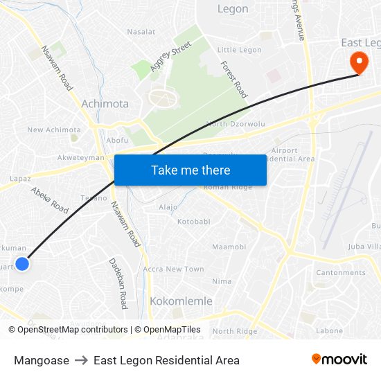 Mangoase to East Legon Residential Area map