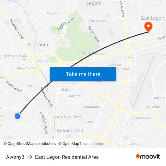 Awony3 to East Legon Residential Area map