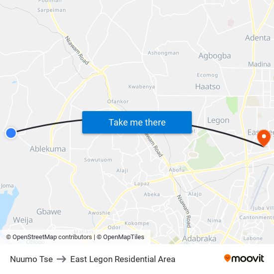 Nuumo Tse to East Legon Residential Area map