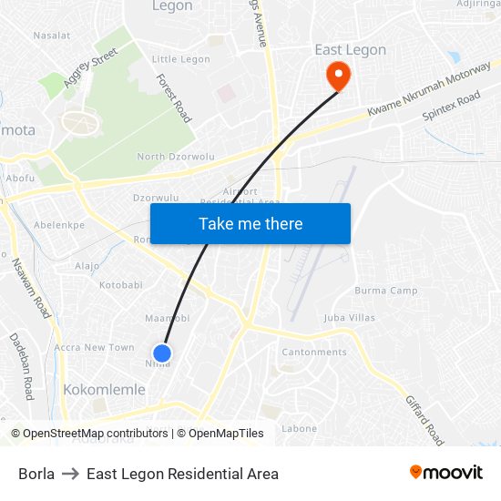 Borla to East Legon Residential Area map
