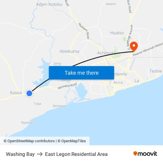 Washing Bay to East Legon Residential Area map