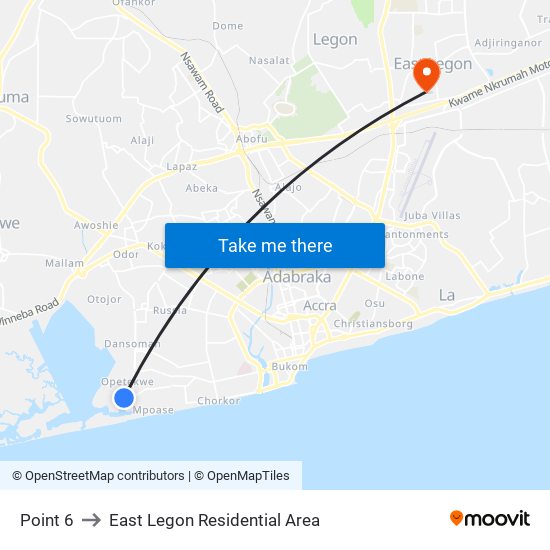 Point 6 to East Legon Residential Area map