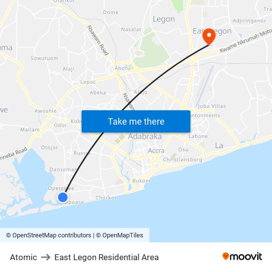 Atomic to East Legon Residential Area map
