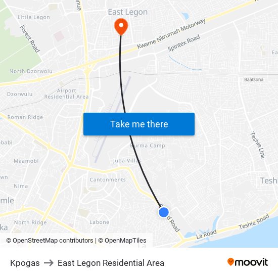 Kpogas to East Legon Residential Area map