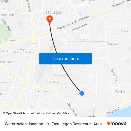 Watermelon Junction to East Legon Residential Area map