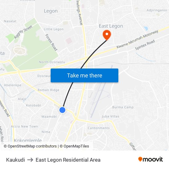 Kaukudi to East Legon Residential Area map