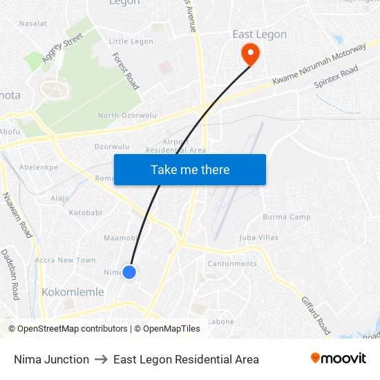 Nima Junction to East Legon Residential Area map