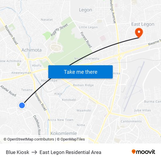 Blue Kiosk to East Legon Residential Area map