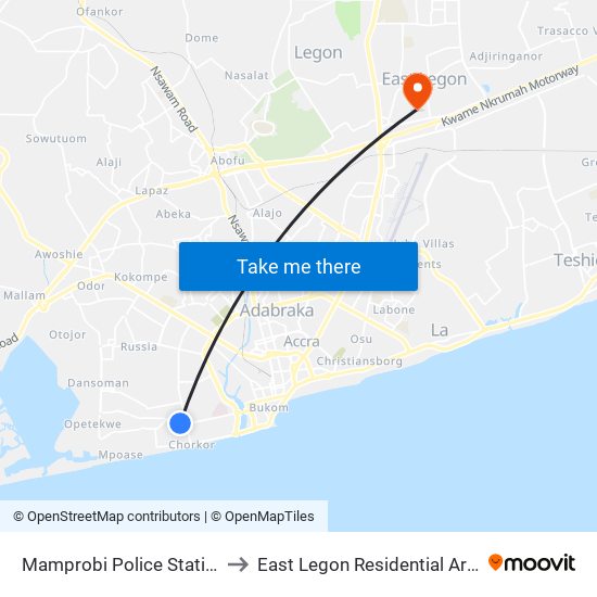 Mamprobi Police Station to East Legon Residential Area map