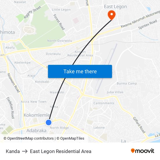 Kanda to East Legon Residential Area map