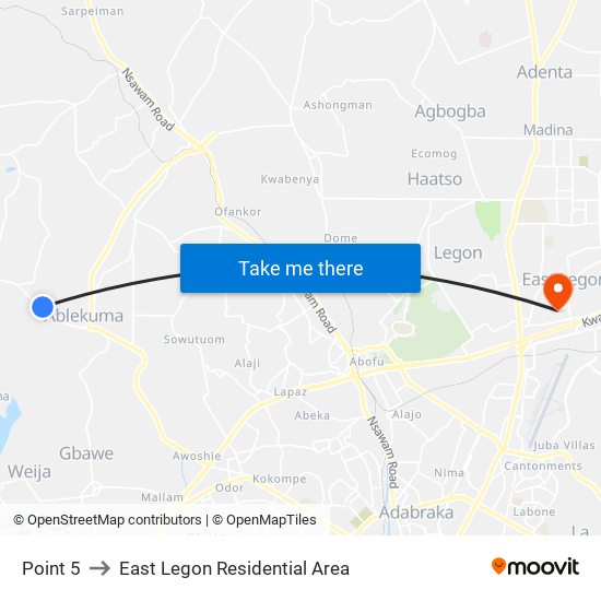 Point 5 to East Legon Residential Area map