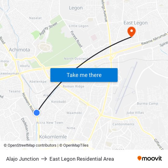 Alajo Junction to East Legon Residential Area map