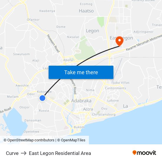 Curve to East Legon Residential Area map