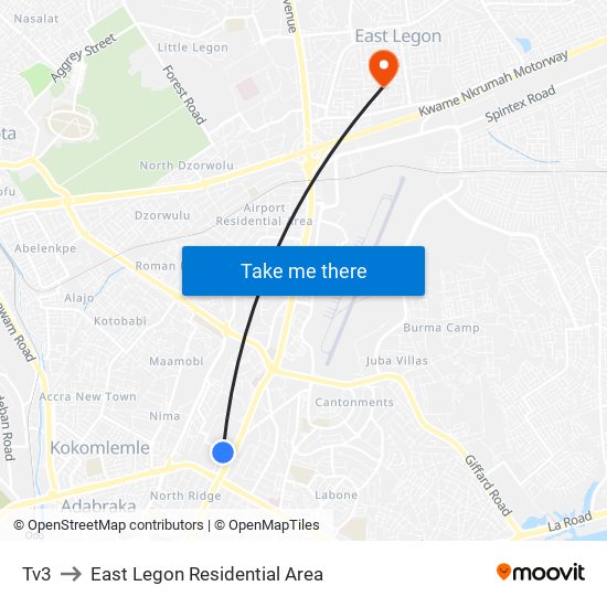 Tv3 to East Legon Residential Area map