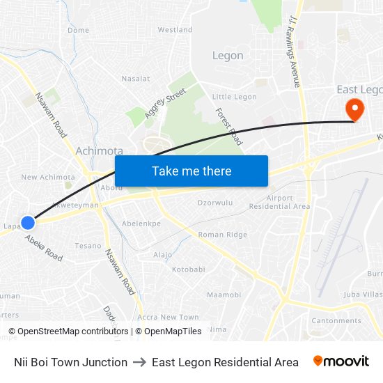 Nii Boi Town Junction to East Legon Residential Area map