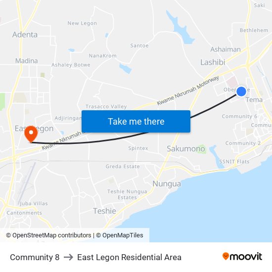 Community 8 to East Legon Residential Area map