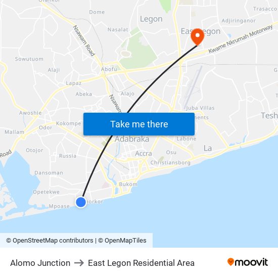 Alomo Junction to East Legon Residential Area map