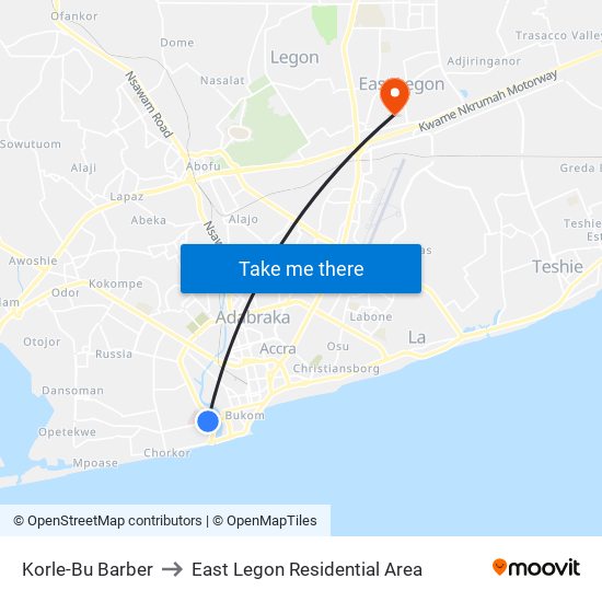Korle-Bu Barber to East Legon Residential Area map