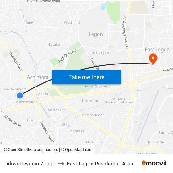 Akwetteyman Zongo to East Legon Residential Area map