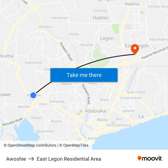 Awoshie to East Legon Residential Area map